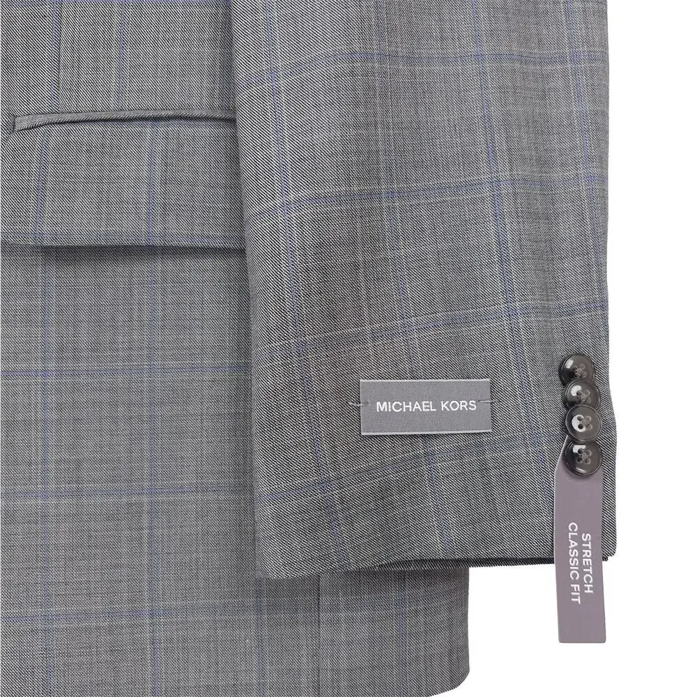 Michael Kors Mens Classic Fit Suit Jacket 38R Grey Blue Windowpane Stretch Wool